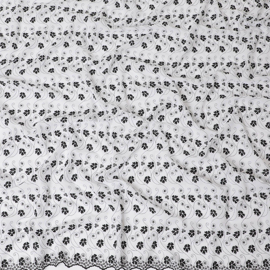 Off white Premium pure 100% Swiss cotton voile (Sudanese Thobe) fabric with black and silver embroidery in floral design-D13789