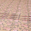 Pale brown organic cotton fabric with baby pink, grey and white print in floral design-D8853