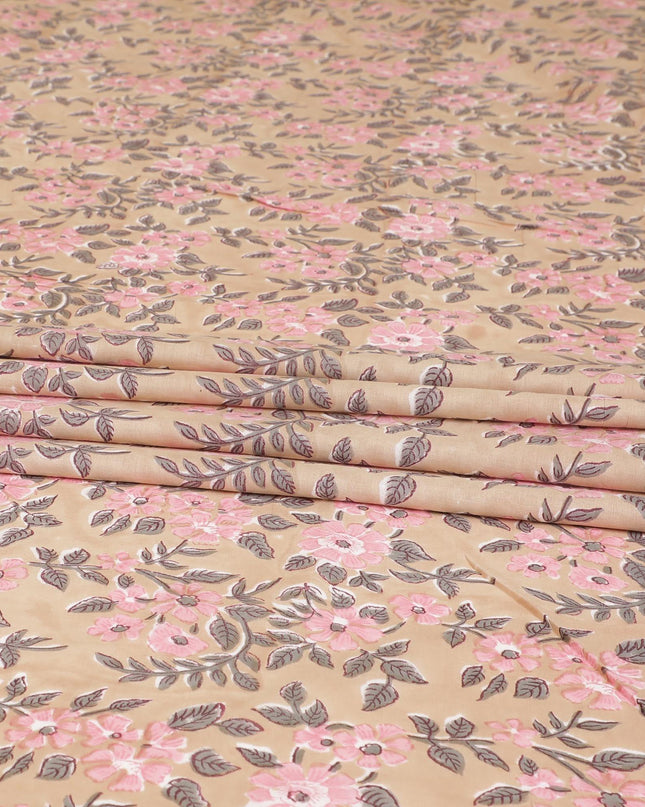 Pale brown organic cotton fabric with baby pink, grey and white print in floral design-D8853