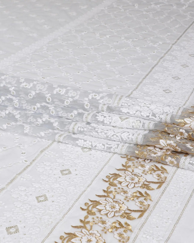 Rhino grey nylon tulle fabric with white and gold embroidery having gold sequins in fancy design-D6904 Regal Fabrics