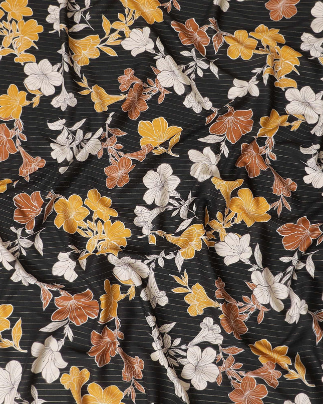 Black viscose crepe printed fabric with multi colour prints and metallic lurex in floral design-D11163