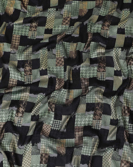Black premium pure French (Fransawi) silk chiffon fabric with same tone and sage green viscose having copper metallic lurex in checks design-D14225