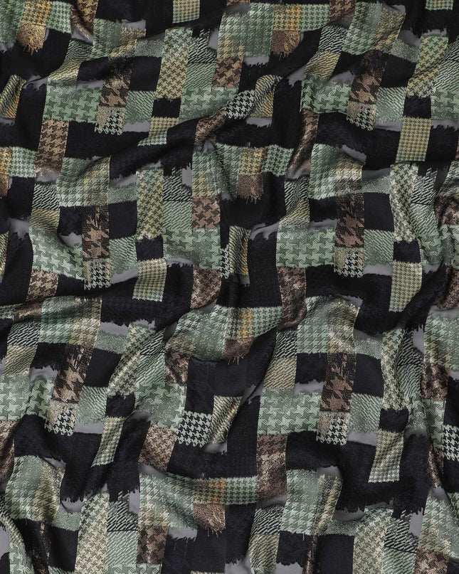 Black premium pure French (Fransawi) silk chiffon fabric with same tone and sage green viscose having copper metallic lurex in checks design-D14225