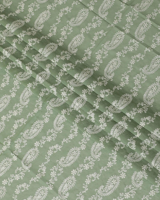 Sage green premium pure cotton voile fabric with beige embroidery in paisley design-D13636 Regal Fabrics