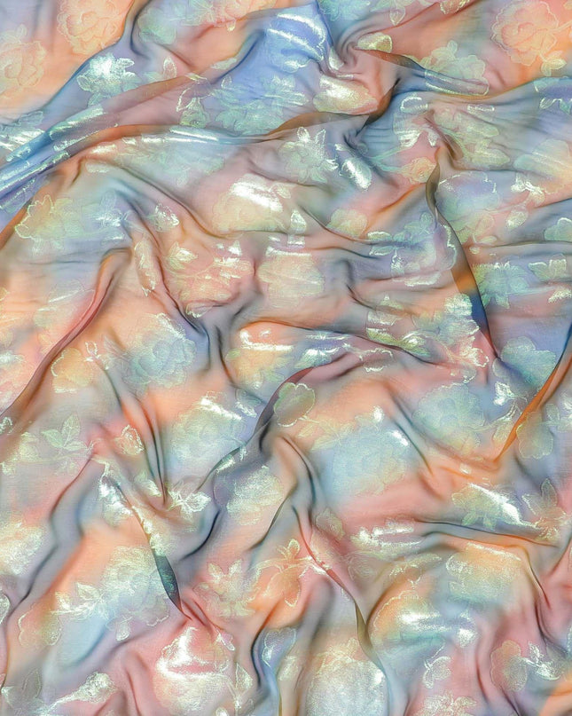 قماش شيفون حريري نقي فاخر متعدد الألوان مع لوريكس معدني أخضر نيون بتصميم زهور - D9676