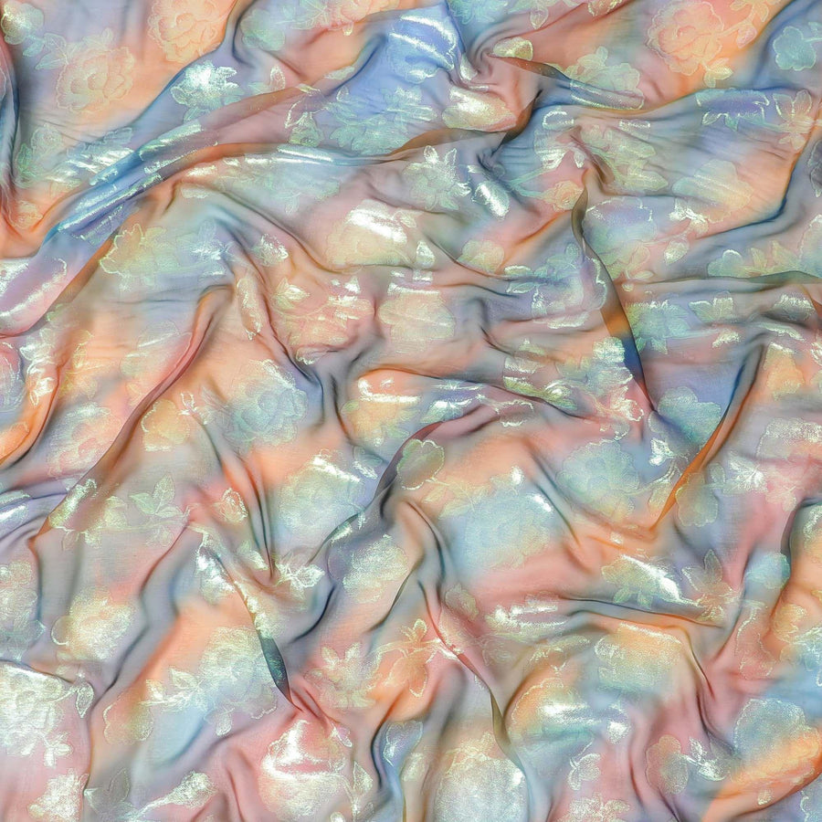 قماش شيفون حريري نقي فاخر متعدد الألوان مع لوريكس معدني أخضر نيون بتصميم زهور - D9676