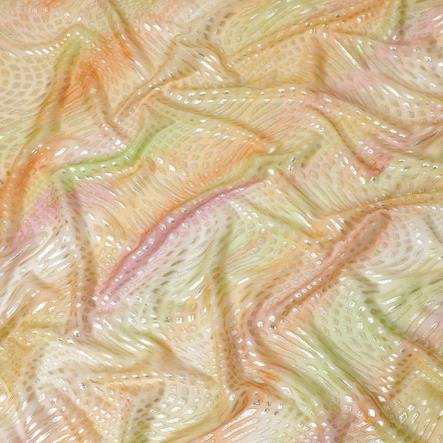 قماش شيفون حريري خالص مطبوع متعدد الألوان مع لوريكس معدني ذهبي وفضي بتصميم تجريدي-D12430