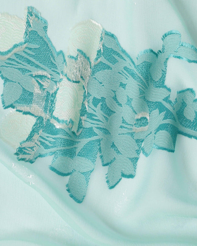 قماش شيفون حريري فرنسي (فرنساوي) فاخر باللون الأخضر الفيروزي بنفس اللون والفيسكوز البيج مع لوريكس معدني فضي بتصميم زهور -D13430