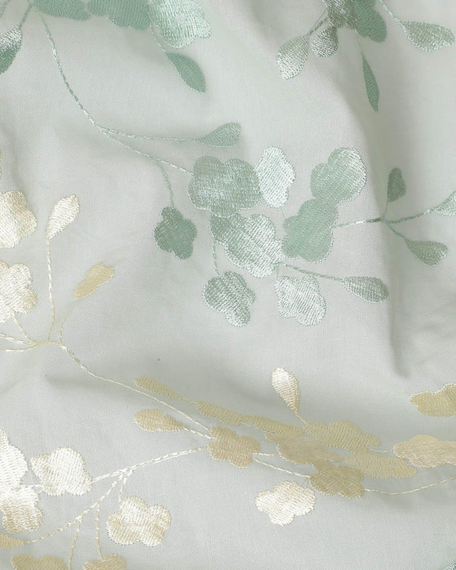 قماش الفوال القطني الخالص الفاخر باللون الأخضر الغار مع نفس اللون والتطريز البيج بتصميم الأزهار-D13630