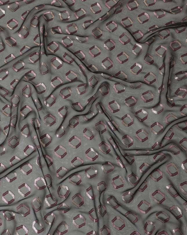 Black premium Pure French (Fransawi) silk chiffon garbasaar with magenta pink viscose, gold and baby pink metallic lurex in abstract design-11532