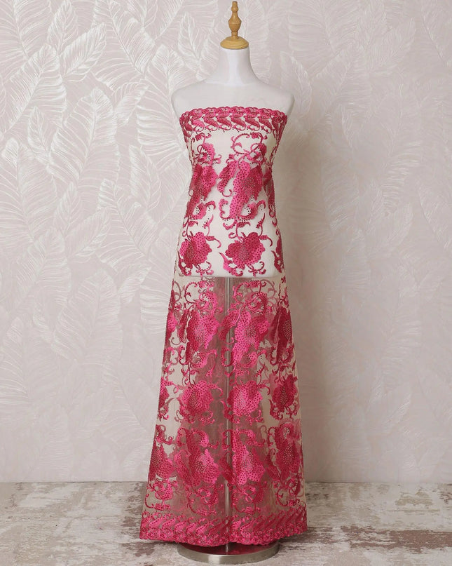 Gold nylon tulle fabric with same tone, hot pink embroidery having stone work in fancy design-D14765 Regal Fabrics