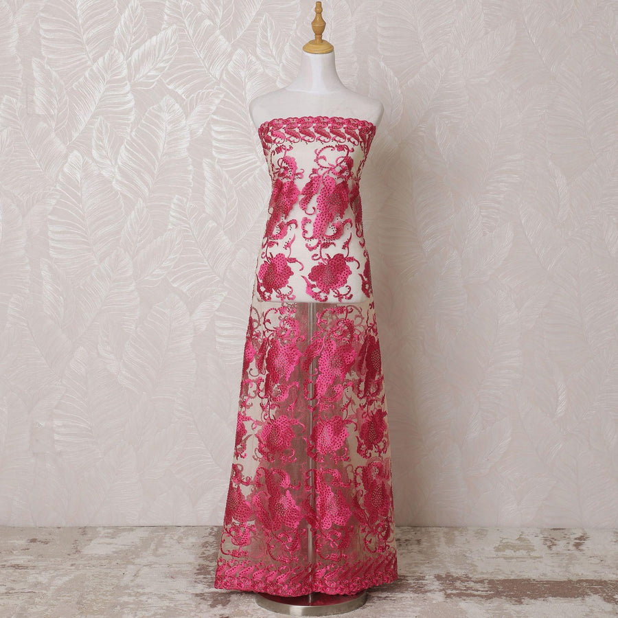 Gold nylon tulle fabric with same tone, hot pink embroidery having stone work in fancy design-D14765