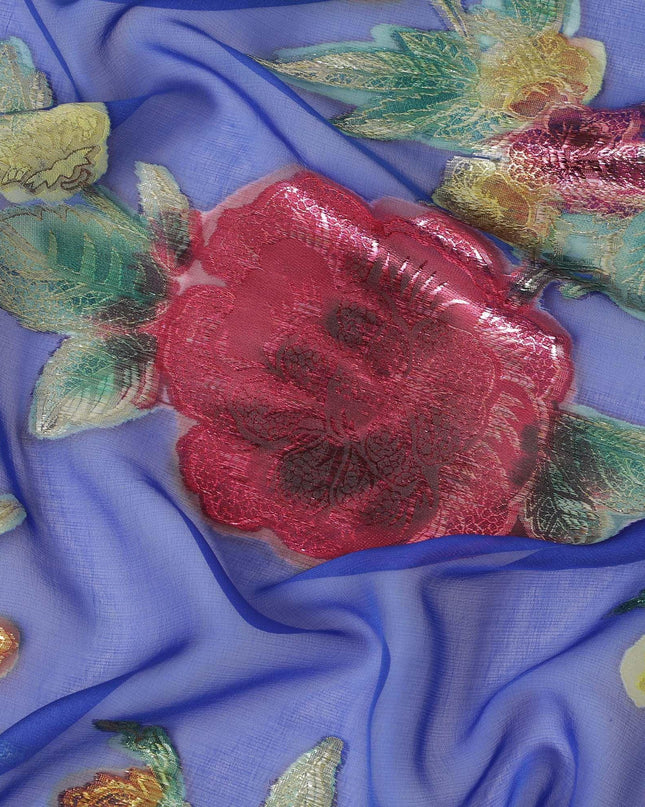 قماش شيفون من الحرير الخالص باللون الأزرق الملكي مع لوركس معدني متعدد الألوان بتصميم زهور -D10777