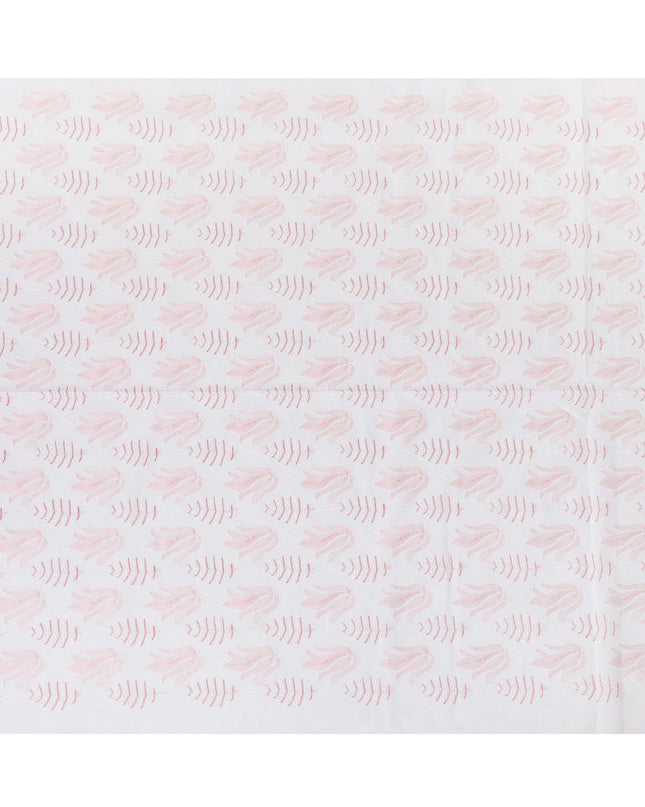 White cotton voile fabric with same tone, crimson red and baby pink embroidery in Leaf design-D9773