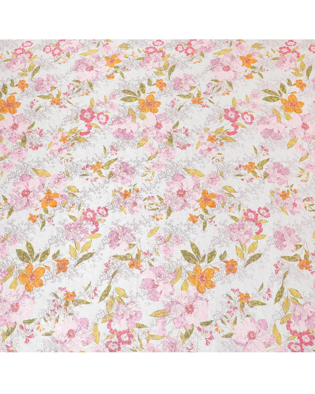 Abalone grey premium pure silk satin fabric with orange, baby pink and mustard green print having rose pink film metallic in floral design-D9417