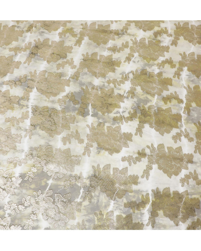 قماش شيفون حريري فرنسي (فرنساوي) فاخر باللون الأخضر الزيتوني والبيج مع لوركس معدني ذهبي بتصميم زهور -D14119