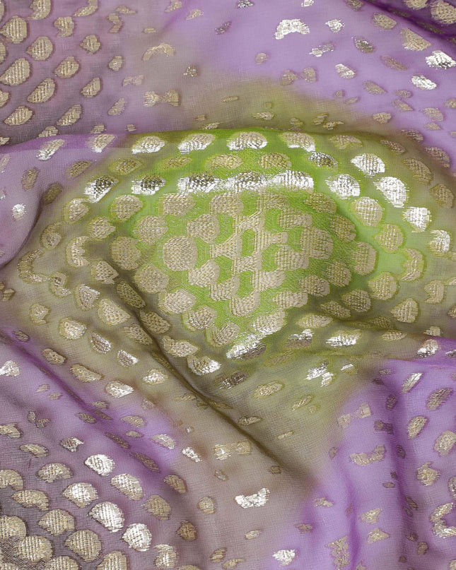 قماش شيفون من الحرير الخالص باللون الأرجواني مع طباعة باريس باللون الأخضر مع لوريكس معدني ذهبي بتصميم منقط-D14300