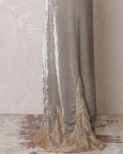 Cloud grey silk blended velvet fabric with gold embroidery, pearl work and stone work in fancy design-D14739