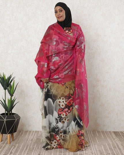 Fuchsia pink Premium pure French (Fransawi) silk chiffon garbasaar with gold metallic lurex in floral design-D11574 Regal Fabrics
