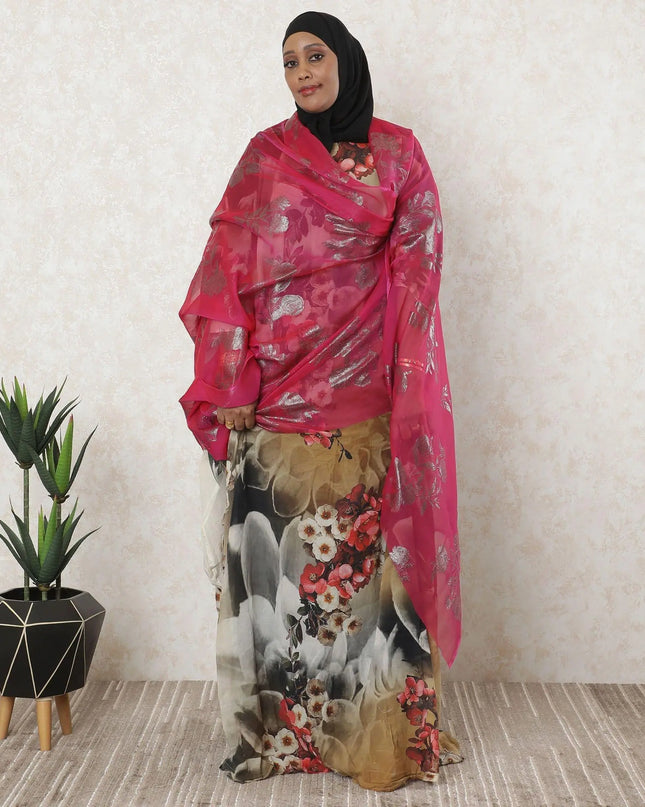 Fuchsia pink Premium pure French (Fransawi) silk chiffon garbasaar with gold metallic lurex in floral design-D11574 Regal Fabrics