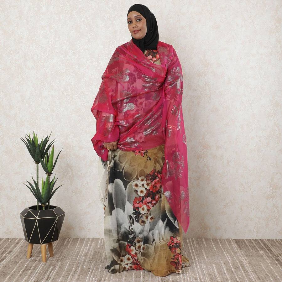 Fuchsia pink Premium pure French (Fransawi) silk chiffon garbasaar with gold metallic lurex in floral design-D11574 Regal Fabrics