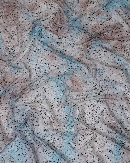 Pearl grey Premium pure French (Fransawi) silk chiffon fabric with pale brown, baby blue tie & die print having black flock and baby blue glitter in abstract design-D14070