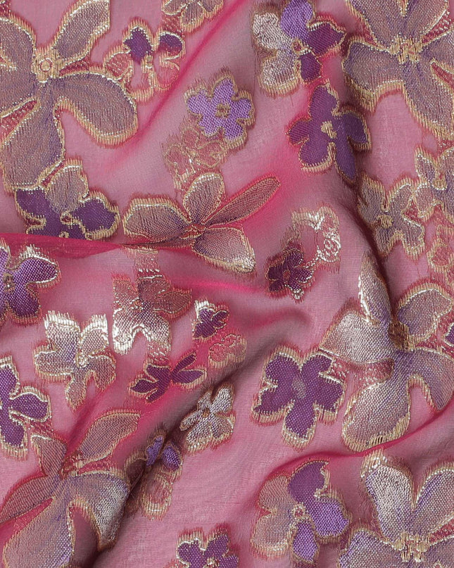 قماش من الشيفون الحريري النقي المتغير الفاخر باللون العنابي مع الفيسكوز الأرجواني مع اللوريكس المعدني الذهبي بتصميم الأزهار -D14649