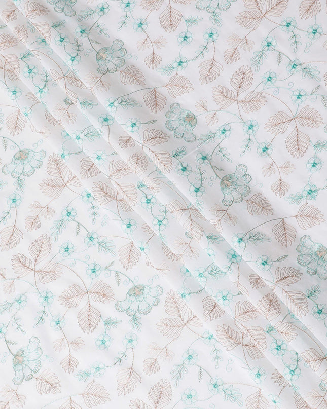 قماش فوال من القطن الخالص الأبيض الفاخر مع تطريز باللونين البني والأخضر الفيروزي بتصميم الأزهار-D15232