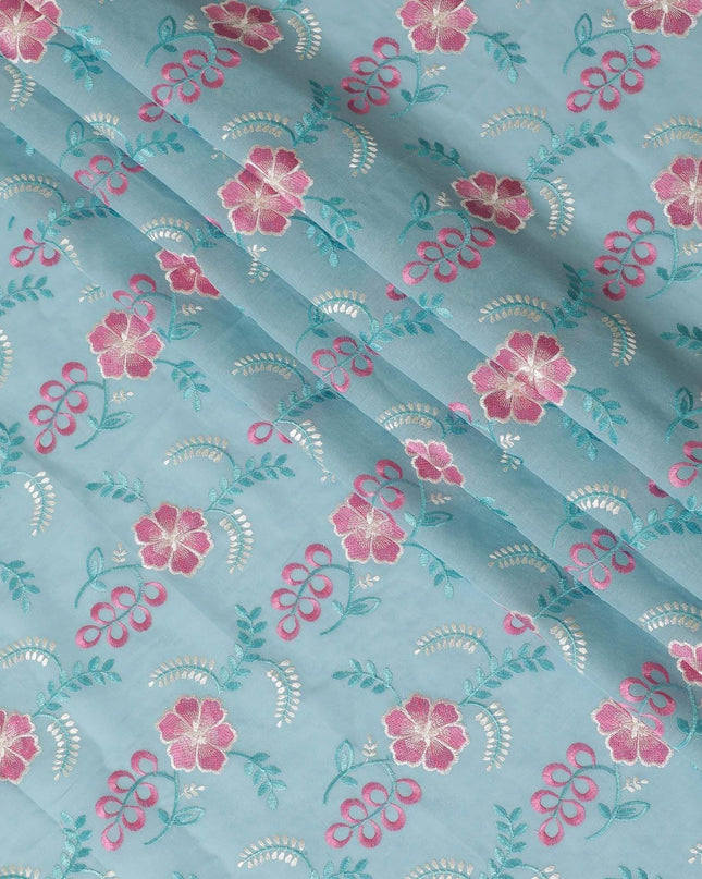 Turkish blue cotton voile fabric with same tone, gold and magenta pink embroidery in floral design-D10571