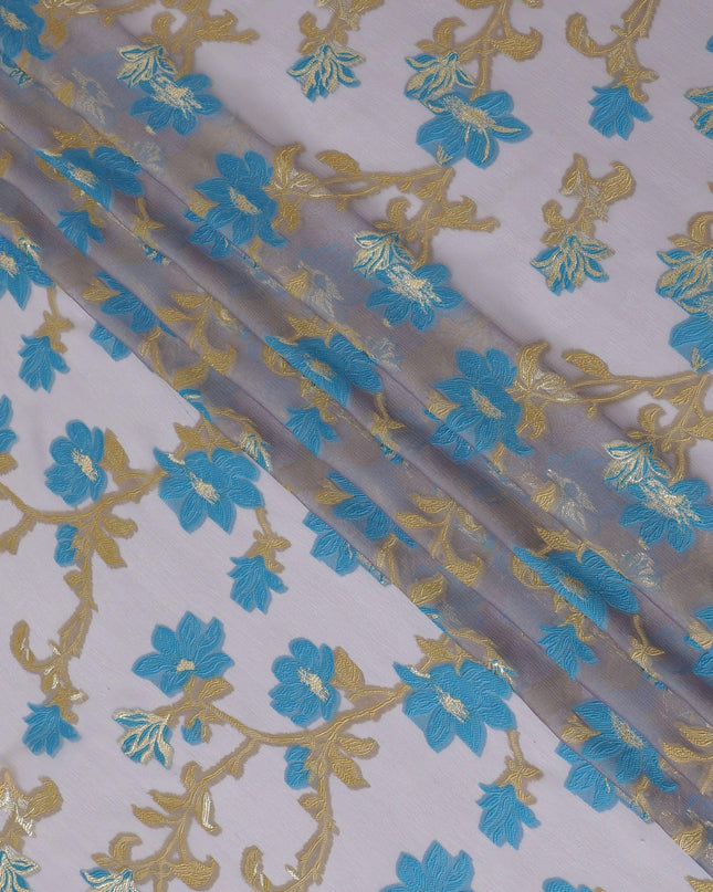 Light lilac Premium pure French (Fransawi) silk chiffon fabric with blue, gold viscose having gold metallic lurex in floral design-D15638