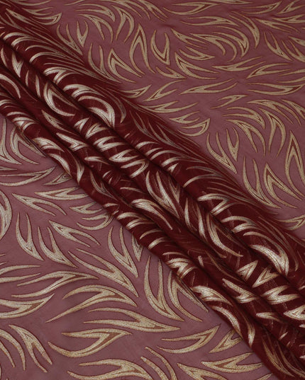 Maroon Premium pure silk chiffon fabric with gold metallic lurex in fancy design-D13273