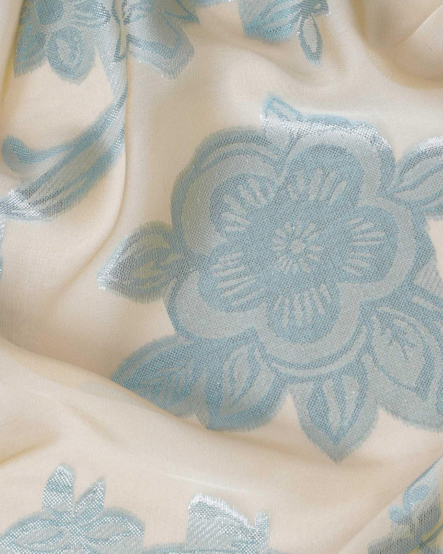 قماش شيفون حريري إيطالي خالص فاخر باللون البيج الداكن مع لوركس معدني أزرق مايا بتصميم زهور-D10799