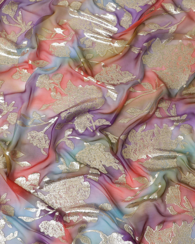 شيفون من الحرير الخالص متعدد الألوان مع لوريكس معدني ذهبي بتصميم الأزهار-D11380