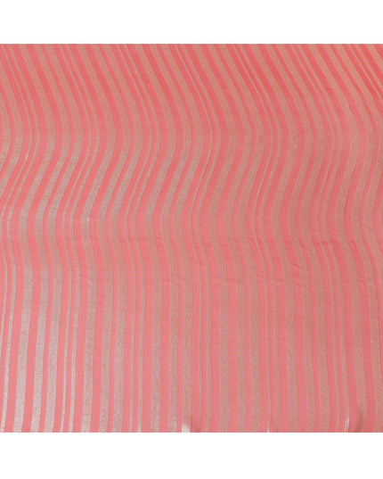 Scarlet red Premium pure silk chiffon fabric with gold metallic lurex in stripe design-D12402