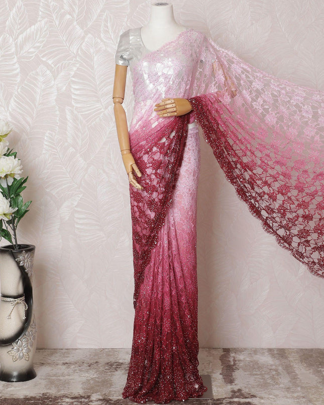 Light pink to maroon premium pure French chantilly lace saree having stone work in ombre design-D14899