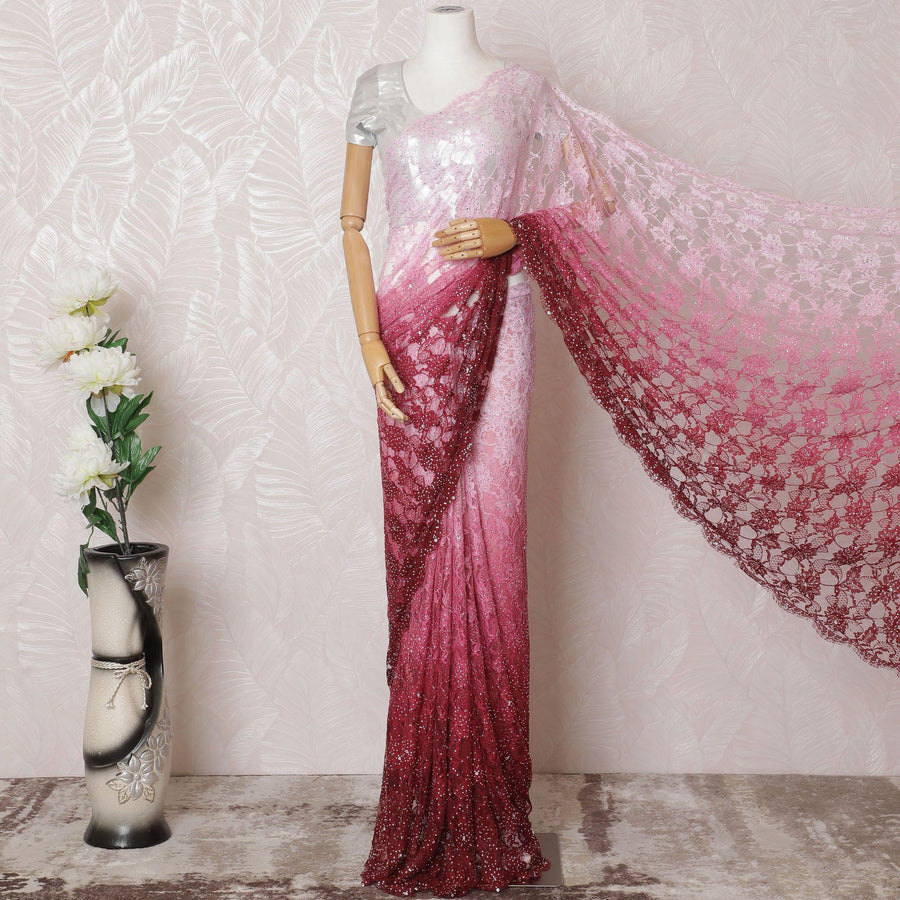 Light pink to maroon premium pure French chantilly lace saree having stone work in ombre design-D14899