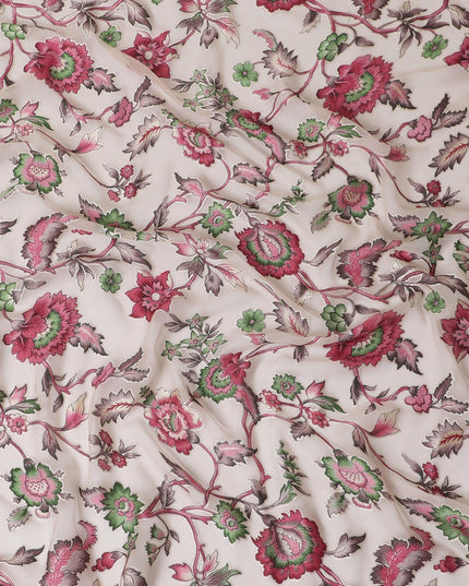 Cream synthetic chiffon fabric with multicolor print having jacquard in floral design-D13770