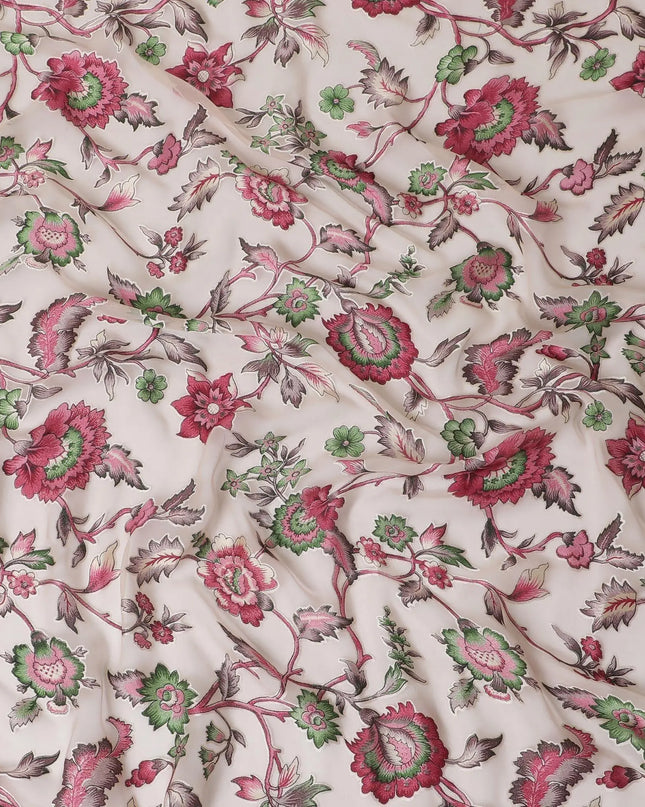 Cream synthetic chiffon fabric with multicolor print having jacquard in floral design-D13770 Regal Fabrics