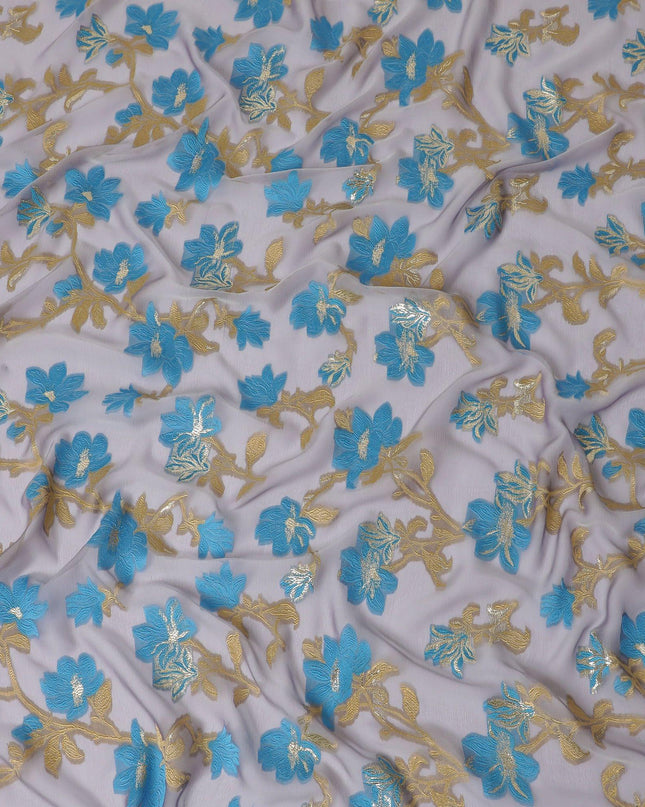 Light lilac Premium pure French (Fransawi) silk chiffon fabric with blue, gold viscose having gold metallic lurex in floral design-D15638
