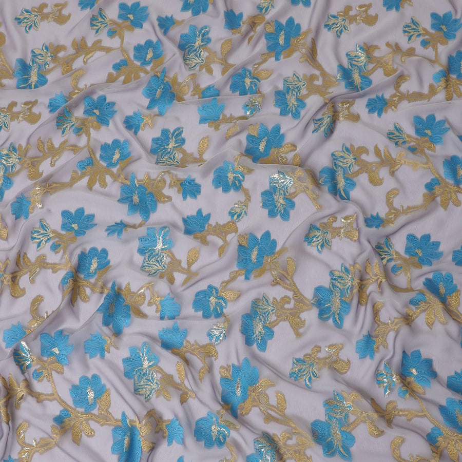 Light lilac Premium pure French (Fransawi) silk chiffon fabric with blue, gold viscose having gold metallic lurex in floral design-D15638