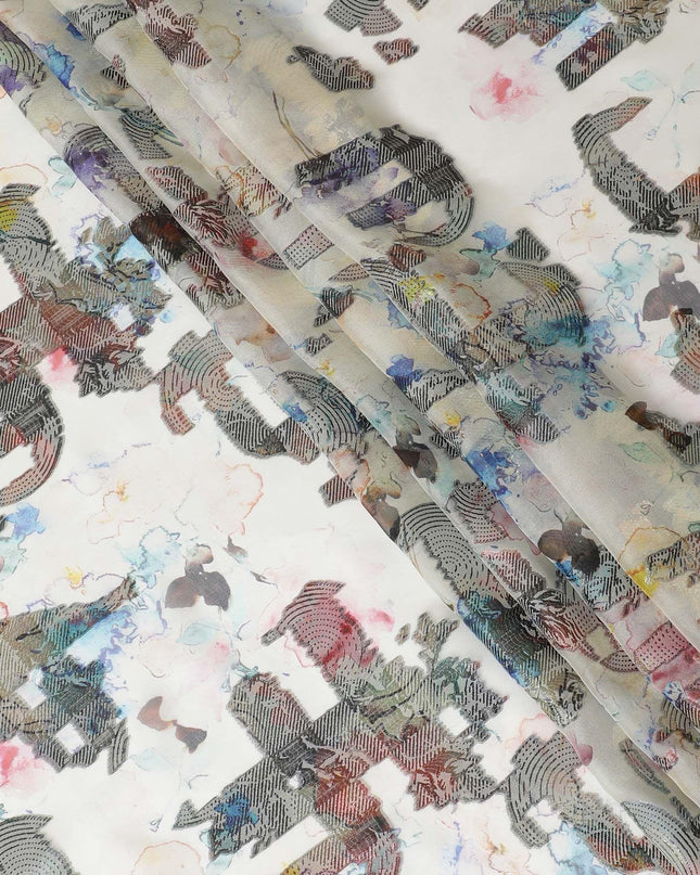 قماش شيفون من الحرير الخالص باللون الأبيض الفاتح مع طباعة متعددة الألوان ولوريكس معدني بتصميم تجريدي-D10046