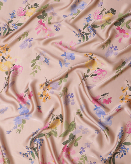 قماش شيفون من الحرير الخالص الفاخر باللون البيج اللاتيه مع طباعة متعددة الألوان بتصميم الأزهار-D14661