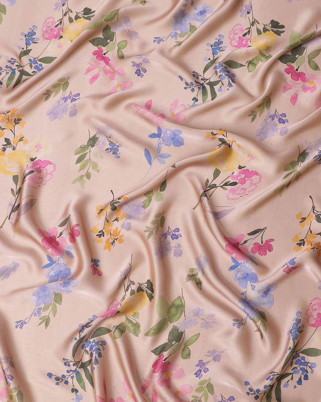 قماش شيفون من الحرير الخالص الفاخر باللون البيج اللاتيه مع طباعة متعددة الألوان بتصميم الأزهار-D14661