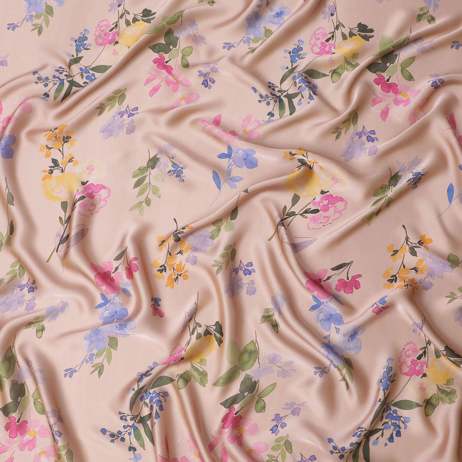قماش شيفون من الحرير الخالص الفاخر باللون البيج اللاتيه مع طباعة متعددة الألوان بتصميم الأزهار-D14661
