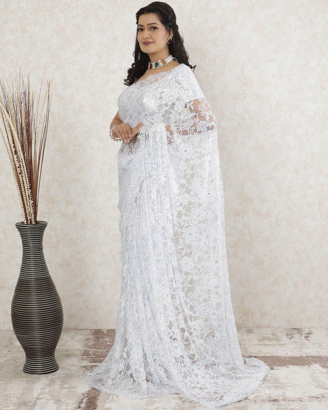White Premium Pure French chantilly lace saree having stone work in floral design-D13462