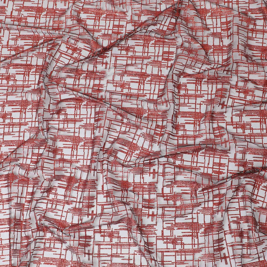 Black nylon tulle fabric with crimson red glitter in fancy design-D15402