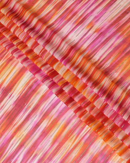 قماش شيفون من الحرير الخالص باللون الوردي مع لوريكس معدني ذهبي وفضي بتصميم مخطط -D13982