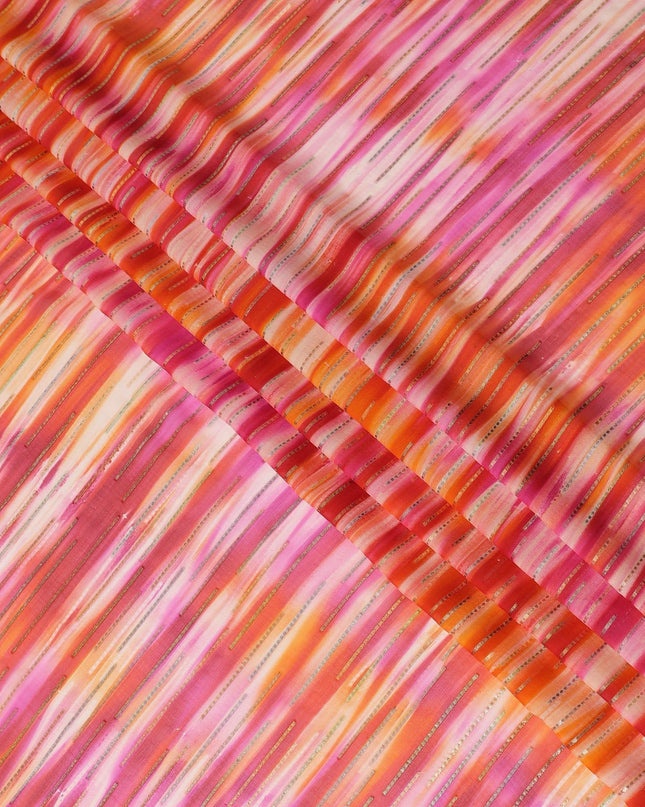 قماش شيفون من الحرير الخالص باللون الوردي مع لوريكس معدني ذهبي وفضي بتصميم مخطط -D13982