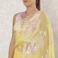 Sun flower yellow Premium pure French silk chiffon saree with baby pink viscose and gold metallic lurex in floral design-D12577