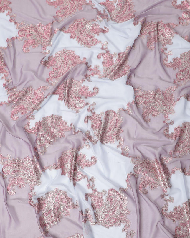 Baby blue Premium pure silk (Dirac) chiffon fabric with brick pink and gold metallic lurex in paisley design-D13409